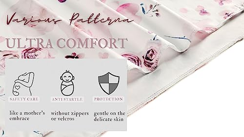 Image of Newborn Floral Print Blanket Baby Stretch Wrap Swaddle Receiving Blanket with Matching Headband and Beanie (Purple and Pink)