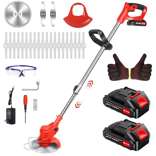 Cordless Lawn Trimmer Weed Wacker, 21V Lawn Mower Grass Edger with 3 Types Blades & 2X Battery, Lightweight 125 cm Retractable Weed Trimmer/Stringless Grass Trimmer/Brush Cutter