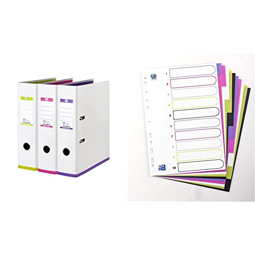Oxford Ordner A4, MyColour, 8 cm breit, zweifarbig weiß sortiert, 3 Stück & myColour Kunststoff-Register A4, blanko, 10 Blatt, 10-teilig, multicolor