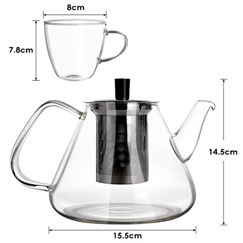 Juego de Té Tetera de Cristal 1.35 L y 4 Vasos Opto Té y Café Anti-calor con Colador Extraíble de Acero inoxidable - Imagen 8