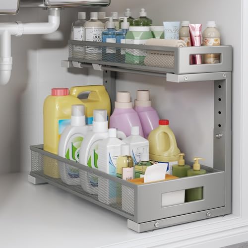 Image of 1 Pack 17IN Depth Under Sink Storage Organizer, Large 2-Tier Elegant Mesh Pull Out Shelf for Kitchen and Bathroom Cabinet Organization, L-Shaped and Adjustable Height Design-Gun Gray
