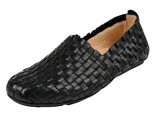 Santimon Men’s Woven Leather Slip-On Loafers Driving Casual Hiking Shoes Black 9.5 D(M) US