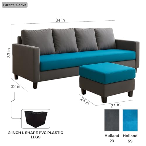 Image of FURNY Arnold 5 Seater L Shape Sofa Set with Movable Ottoman | Flexible Left or Right Layout | Plush Velvet Fabric (Dark Grey-Aqua Blue) | Perfect for Living Room, Guest Room & Office