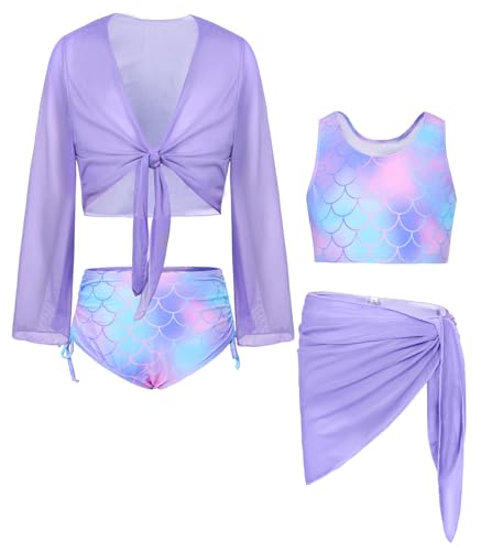 Image of GRACE KARIN Girls Bathing Suit Adjustable Taniki Swimsuit Tie Front 4 Piece Bikini Set with Kimono Cover Up 6-14
