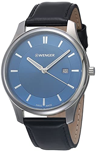 Wenger Men s City Classic Stainless Steel Swiss-Quartz Watch with Leather Calfskin Strap, Black, 21 (Model: 01.1441.118)