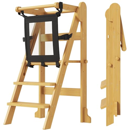 PETKABOO Toddler Kitchen Helper Stool – Montessori Standing Tower with Safety Net, Adjustable Height & Foldable for Space Saving for Learning & Cooking,Ages 18 Months–6 Years, Bamboo by PETKABOO - Used condition - US$59.05