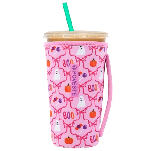 Image of Reusable Neoprene Insulator Sleeve for Iced Coffee & Cold Soda, Coffee Sleeves for Iced & Hot Drinks, Cold Beverage Cooler Compatible with Starbucks, Dunkin (Bow Halloween, Large: 32oz)