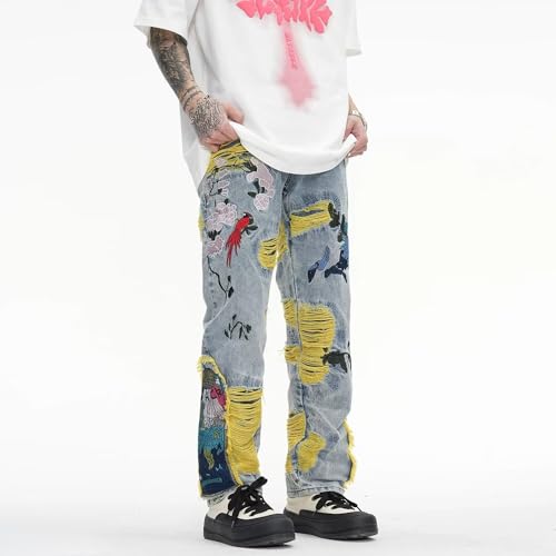 Men Painting Embroidered Patch Washed Pleated Straight Tassels Ripped Jeans2