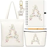 Hestya 5 Piezas Regalo con Letras Set Regalo Inicial con Bolsa Tote Neceser Llavero Libreta y Bolígrafo Set Alfabeto para Mujeres, Cumpleaños, Navidad(Beige,Letra A)