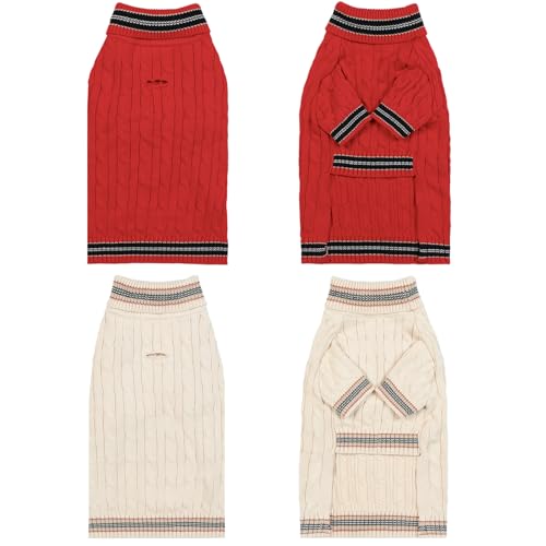 Image of 2Pack Small /Medium Dog Sweater, Warm Dog Winter Coat w /Sleeves, Comfortable High Neck & Leash Hole, Premium Dog Clothes for Schnauzer-Best for Holidays, Daily Walks M Bright Red & White