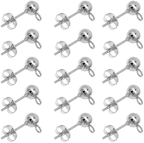 100pcs Ball Earring Studs with 100pcs Butterfly Earring Backs,White K Stud with Loop Hypoallergenic Ball Post Earring Studs Round Ball Earring for Jewelry Making