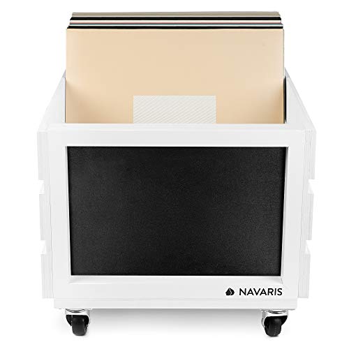 Navaris Caja para discos de vinilo - Mueble de madera con ruedas porta vinilos - Estilo vintage con pizarra para anotar - Soporte de almacenaje blanco - imagen 7
