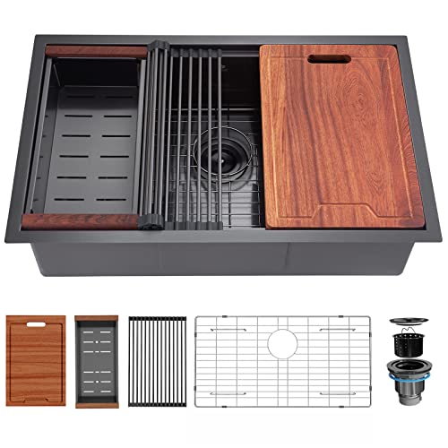 30-Inch Undermount Workstation Kitchen Sink, Gabetlet 16 Gauge Stainless Steel Kitchen Sink With Nano Coating & Brushed Finish, Matte Black Single Bowl Deep Kitchen Sink With Ledge And Accessories #TOP11
