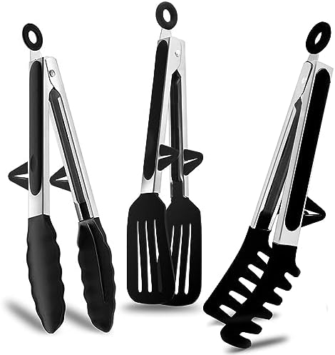 Kitchen Tongs, 9 Inch Stainless Steel Tongs for Cooking with Silicone Tips, Food Grade Small Silicone Tongs, Mini Serving Tongs for Nonstick Pans, BBQ, Salad, Set of 3, Black