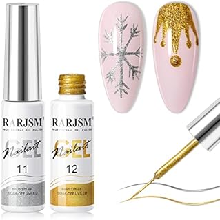 RARJSM Nail Art Liner Gel Polish Glitter Silver and Gold Nail Design Polish Striping Gel Nail Polish 2PCS Set Soak off Curing Requires 8ml Build in Thin Brush for Home Salon Diy Nail Decoration