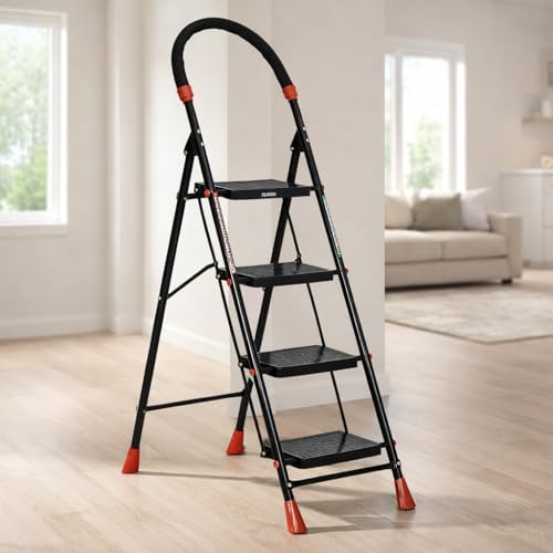 Image of FLIPZON Halo Foldable 4 Step Ladder for Home and Office Use | Alloy Steel | Wide Steps | Wobble-Free | Skid-Free Steps | Durable Safety Ladder | Rust Free | Anti-Skid (Black)