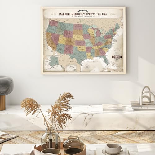 Image of DECORARTS - Large Push Pin Travel Map USA, US Maps for Wall, Soft Vintage Pastel United States Pin Board Canvas Wall Art, Giclee Print, Handcrafted in USA, 35x28
