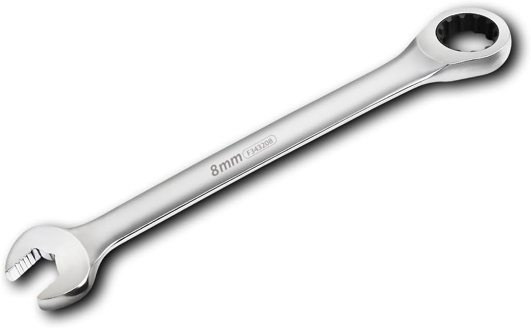 FIRSTINFO F343208 Taiwan 8mm Spline Box End Ratcheting Combination Wrench Metric, Spanner with Non-Slip V-Shape | Anti-Slip Open End | 72-Tooth Ratchet