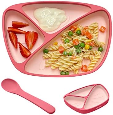 BRVTOT Newest Baby Suction Plates for Toddler, Food Grade Platinum Silicone Baby Plates BPA Free, Divided Suction Toddler Plate Dishes and Spoon Set for Self Feeding, Deeper Design, Dishwasher Safe