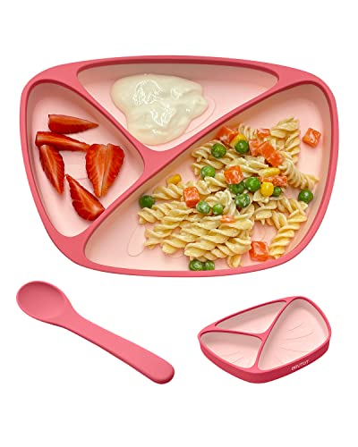 Brvtot Newest Baby Suction Plates For Toddler, Food Grade Platinum Silicone Baby Plates Bpa Free, Divided Suction Toddler Plate Dishes And Spoon Set For Self Feeding, Deeper Design, Dishwasher Safe #TOP12