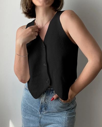 Image of Women's Sweater Vest Tops，Sleeveless V Neck Button Down Knit Vest