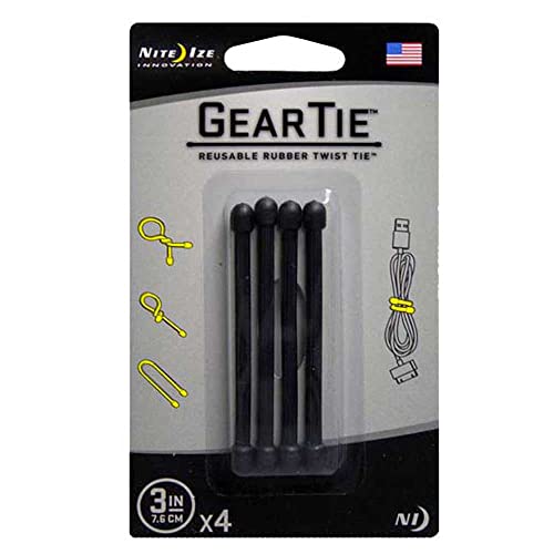 Nite Ize Original Gear Tie, Reusable Rubber Twist Tie, 3-Inch, Black, 4 Pack, Made in The USA