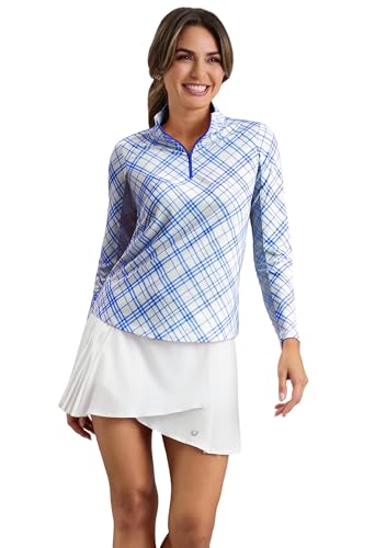 IBKUL UPF 50+ Sun Protection Icefil Cooling Moisture-Wicking Tony Print Long Sleeve Mock Neck Top Blue/White/Tony/L