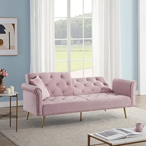 Modern Futon Sofa Bed Loveseat Convertible Sleeper Couch Daybed, Multifunctional Velvet Upholstered Folding Recliner,2-Seats Small Sofá Couches With Metal Legs&Vintage Nailhead Trim For Living Room #TOP2