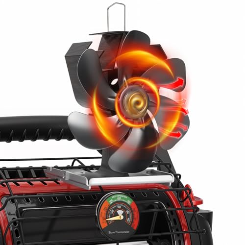 XTIMES Wood Stove Fan Heat Powered Fireplace Fan with Magnetic Thermometer Thermoelectric Fan for Wood Burning Stove/Pellet/Log Burner