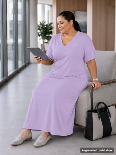 Image of SUZONANA Women Casual T-Shirt Dress V Neck Short Sleeve Solid Color Oversize Dress with Front Two Pockets