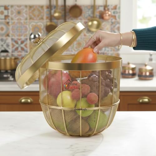 Image of Decorative Insect-Resistant Fruit and Vegetables Basket with Lid | Countertop Mesh (Jaali) Design Fruit Storage Basket for Kitchen, Dining Table, Living Room - Gold
