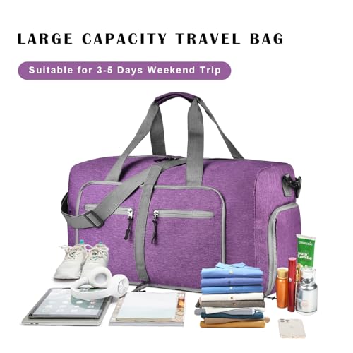 Dimayar 85L Travel Duffle Bag for Men Women - Foldable Duffel Bag with Shoes Compartment - Overnight Bags Waterproof & Tear Resistant(Purple)