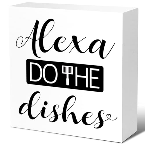 LVQHI Playful Wooden Block Sign With Alexa Do The Dishes Quote, Satirical Smart Home Sign, Modern Voice Assistant Art For Kitchen Command Center, Tech Humor Decor 5"L x 5"W x 1.2"H V621