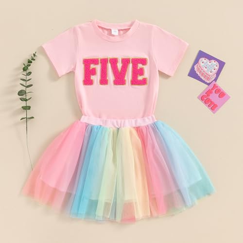 Image of Toddler Girl Birthday Outfit 2 /3 /4 /5 /6 Print Short Sleeve Shirt 2nd /3rd /4th /5th /6th Tutu Skirt Summer Clothes
