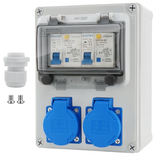 Distribuidor de Corriente 16A para Construcción, con Interruptor FI, IP67 Estanco, con 2 tomas de 230V, para Uso en Interiores y Exteriores, Talleres y Fábricas