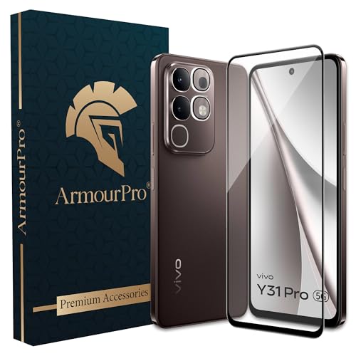 Image of ArmourPro Edge to Edge Tempered Glass for Vivo Y31 Pro with Silver Camera Ring Guard, 9H Screen Protector, Anti-Scratch, Anti-Fingerprint, Bubble-Free Installation Kit