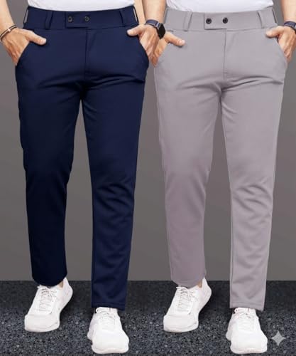 Image of Men's Slim Fit Lycra Formal Trousers Combo | Stretchable Smart Casual Pants for Office Wear | Mid-Rise Flat Front Stylish Chinos