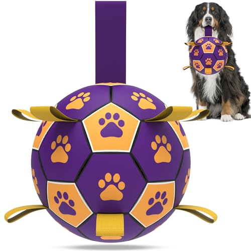 QDAN Extra Large Dog Toys Soccer Ball - Durable Dog Balls for Extra Large Dogs with Straps, Interactive Dog Tug Toy with Strap for Tug of War (9 Inch) Purple Yellow 9 Inch