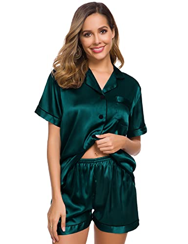 Image of SWOMOG Womens Button Down Silk Satin Pajamas Set Short Sleeve Sleepwear Loungewear 2 Pcs Pj Sets