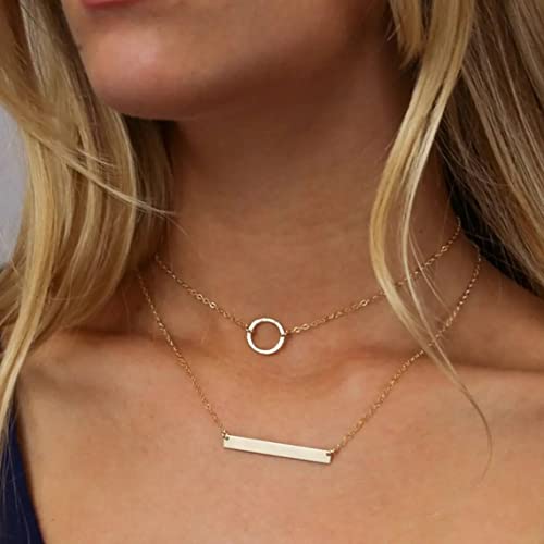 Tasiso Dainty Layered Bar Necklaces For Women 14K Gold Plated Double Layering Circle Choker Necklace Set Minimalist Jewelry Gift #TOP1