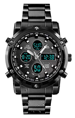 BHGWR Mens Analogue Digital Watch - Men Military Sport Watch with Alarm/Dual Time/Countdown/Stopwatch, Big Face Daily Waterproof Stainless Steel Wrist Watch for Man Silver (B-Black)