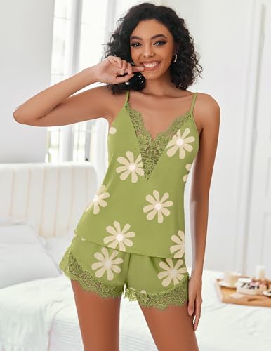 Image of Avidlove Women Pajama Set Lace Trim Short PJ Set Modal V Neck Sleeveless Sleepwear Drawstring Waist Nightwear S-XXL