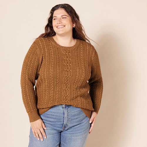 Image of Amazon Essentials Women's Regular Fit Soft Cotton Cable Knit Ribbed Crewneck Sweater (Available in Plus Size)