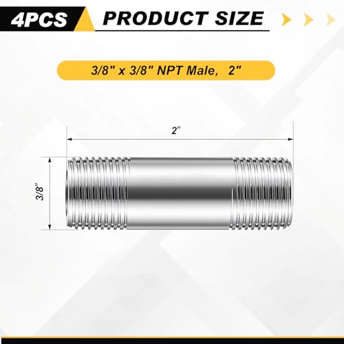 Image of 4 Pcs 304 Stainless Steel 3 /8 NPT Pipe Nipple 2 inch Length