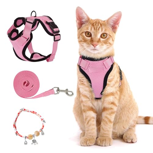Svitzoot Katzenleine Set Katzengeschirr 1.5M Katzenleine Verstellbares, Ausbruchsicheres Katzengeschirr Ausbruchsiche Verstellbares Geschirr für Katzen mit Halsketten (M)