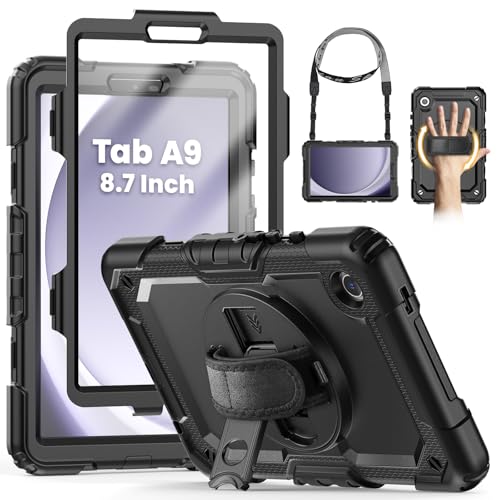 SEYMCY Case for Samsung Galaxy Tab A9 8.7 inch 2023, Full Body Shockproof with Screen Protector, 360° Rotating Hand Strap & Stand, Shoulder Strap for Samsung A9 Tablet Case, Black