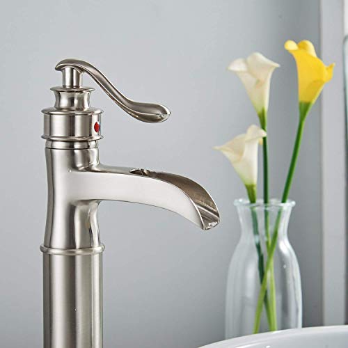 Bathroom Vessel Sink Faucet Tall Brushed Nickel Satin Single Hole Lavatory Waterfall One Handle With Pop Up Drain Without Overflow Restroom Bowl Mixer Tap Supply Line Lead-Free #TOP2