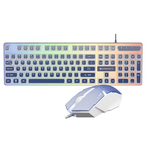 Image of Zebronics Wired Keyboard & Mouse Combo, 104-Key, 1200 DPI, ₹ Key & Multimedia Controls, Ergonomic Mouse, 1.3m Cable, Multicolor LED (War 2, White + Blue)