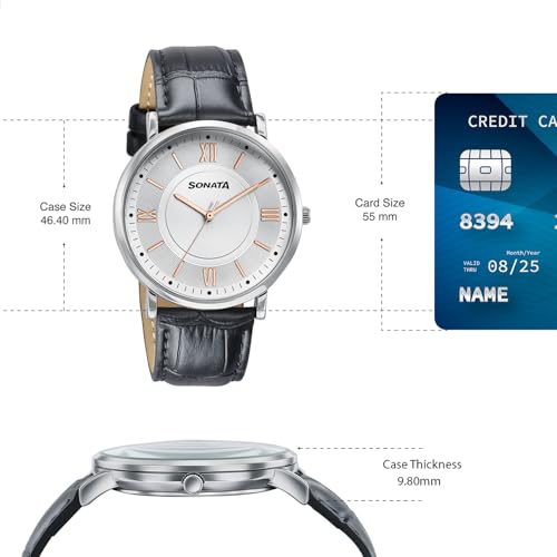 Image of Sonata Verve Quartz Analog with Silver Dial Black Geniune Leather Strap Watch for Men - 77189SL01