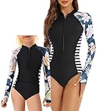 Mom and Daughter Matching Swimsuits Long-Sleeve: Girls 9 11 Years One Piece Bathing Suit Rash Guard UV UPF 50+ Sun Protection Printed Zipper Surfing Swimsuit